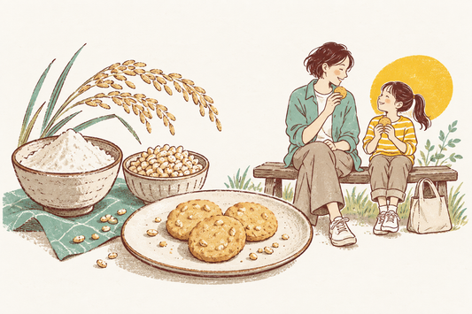 米粉と玄米パフの器、ビスケットの皿と、ベンチでおやつを楽しむ親子の手描きイラスト