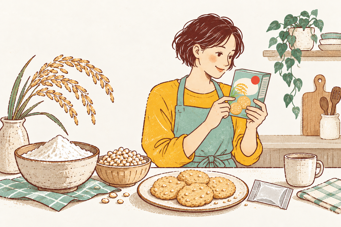 米粉と稲穂をそばに置き、ミント色のMOGPOKKEの箱の表示を確かめる人の手描きイラスト