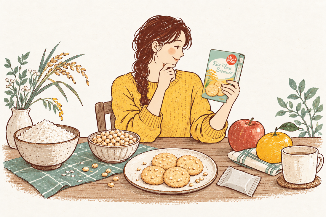 植物由来の素材を並べた食卓で、ミント色のMOGPOKKEの箱の表示を確かめる人の手描きイラスト
