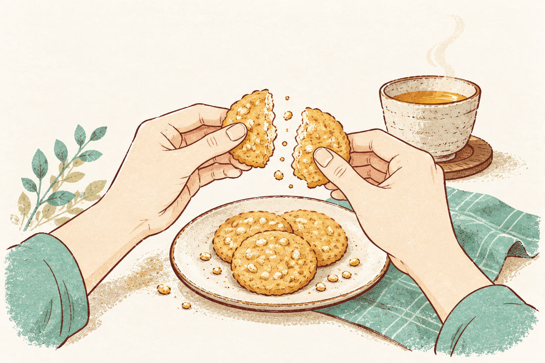 ビスケットを二つに割る手元と、お茶を描いた食感のイメージイラスト