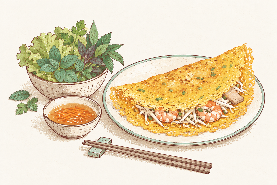 黄色い半月形のバインセオに、もやしとえび、葉野菜を添えたイメージイラスト